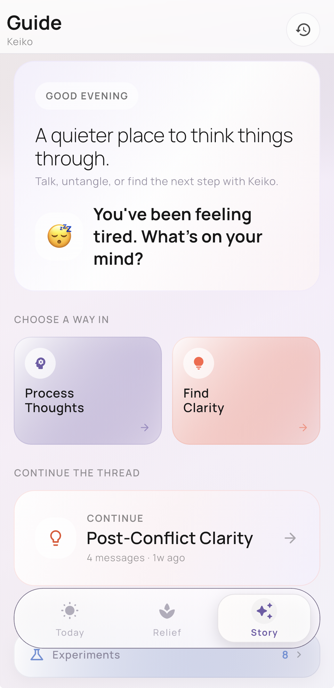 Keiko Guide screen — A quieter place to think things through
